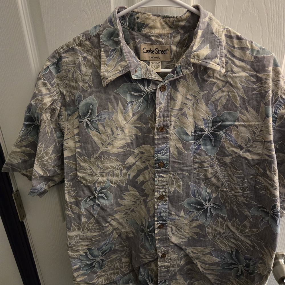 Vintage Cooke Street Blue and Gray Button Down Hawaiian Print Shirt